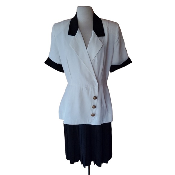 NWT 1980s‎ Braunstyle White & Black Peplum Dress - Picture 1 of 7